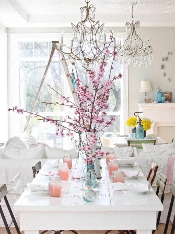 Rosa Kirschzweige Blüten Dekoration-Tisch Frühling-dezent-weiß