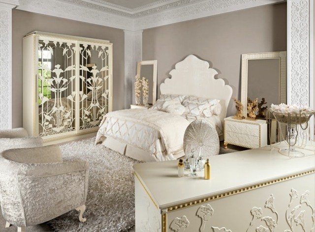 weißes Doppelbett Gestell Möbel Design neutrale Wandfarbe