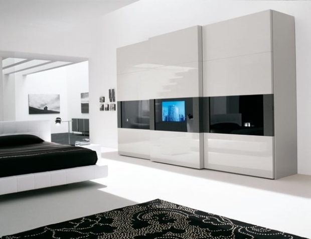 Schwebetürenschrank integriert flachbildfernseher wohnzimmer-wand möbel-schwarz-weiß