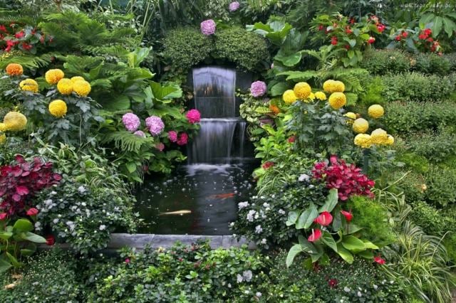 Gestaltung Ideen blühende Blumen frisch Wasserfall