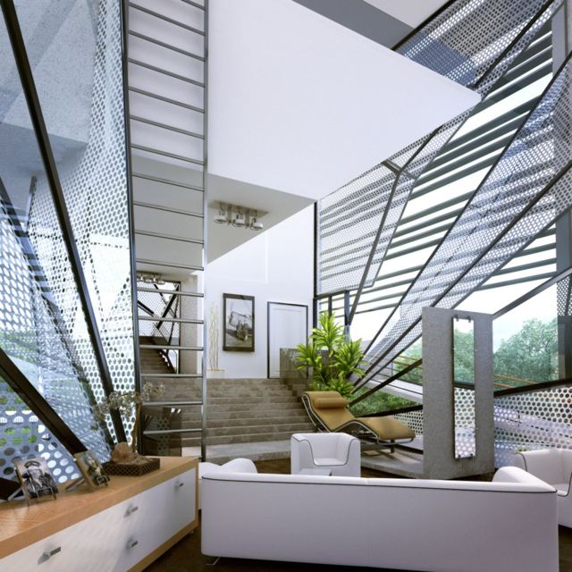 Sofa Glasfronten Designer Möbel Treppe Holzboden