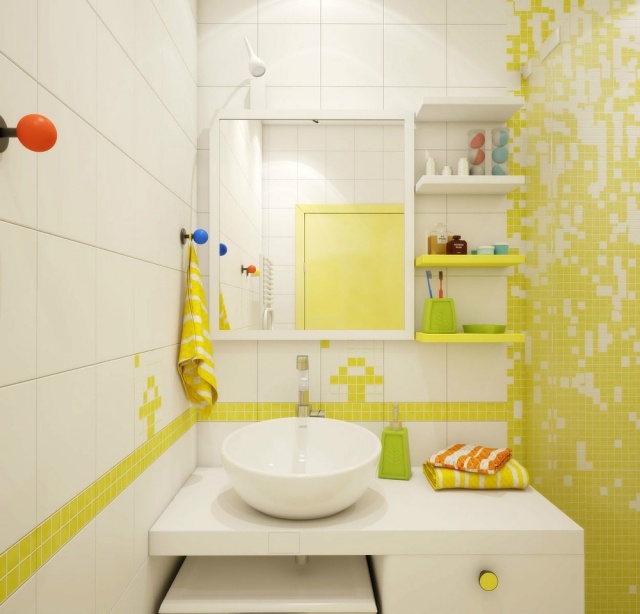 bad-design klein duschkabine gelb weiße mosaikfliesen