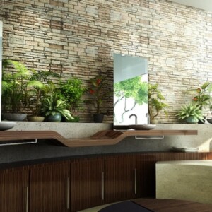 badezimmer designer waschbeckentische-pflanzen töpfe-dekoration ideen naturstein-wand