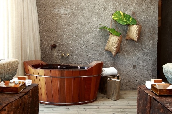 badezimmer innendesign-runde badewanne holz wand-hängende pflanzen