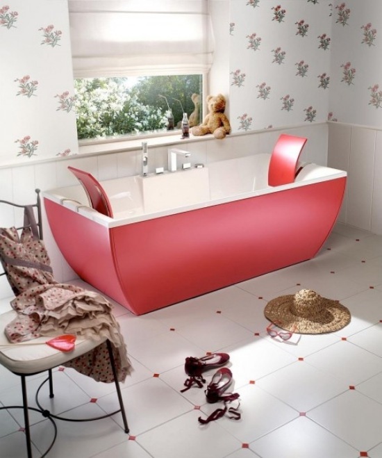 bad ideen frisch rote badewanne-mit rückenlehnen-keramikfliesen 