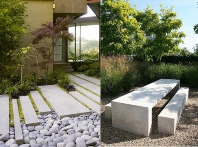 Landschafts- und Gartengestaltung beispiele beton trittplatten sitzmöbel