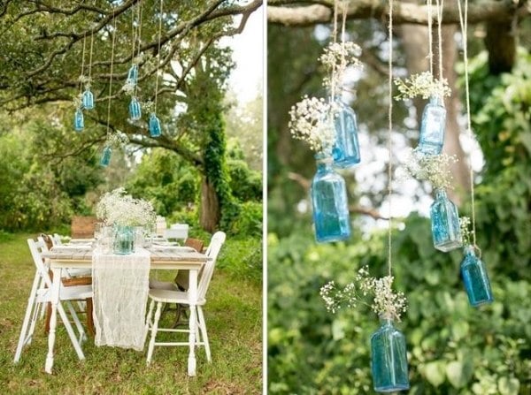 garten hängende dekoration beleuchtung selbermachen blaue flaschen