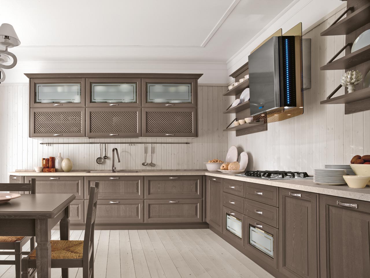 italienisches Design-Eckküche einbauküche ger grau nuancen-Holz Oberschränke-abzugshaube-modern