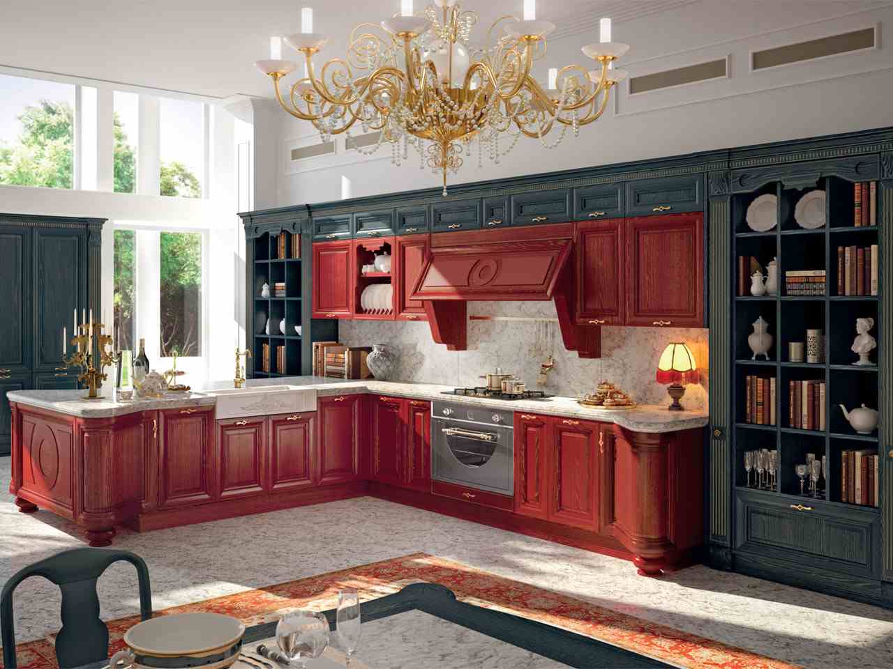 küche farben schwarz-rot klassische oberschränke-regalsysteme-eckelement