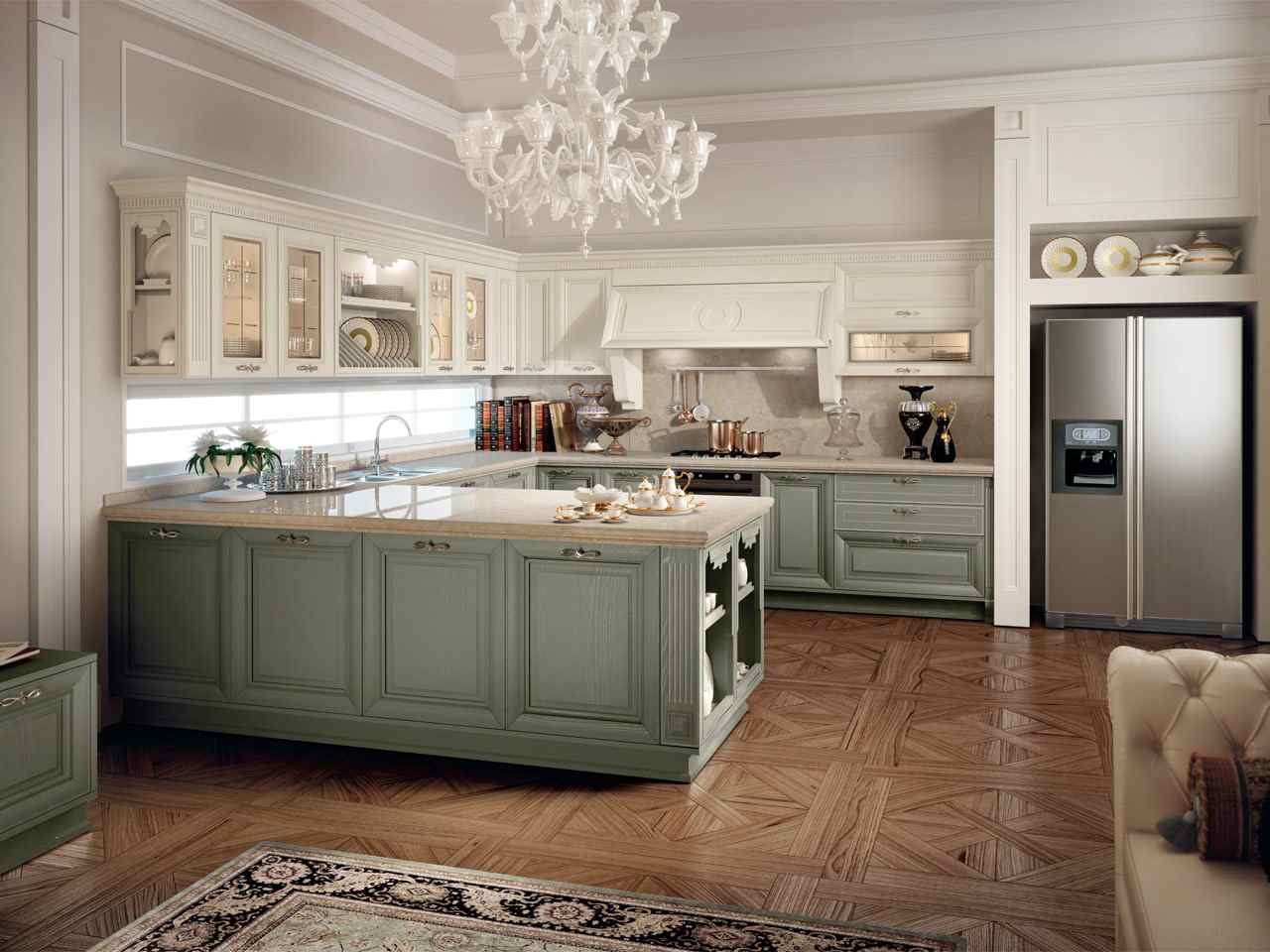 klassische holzküche hochwertig marmor arbeitstheke kronleuchter-parkett verlegemuster