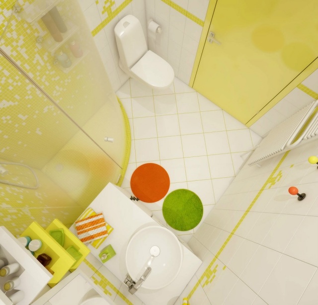 badezimmer-gelbe tür-duschkabine begehbar weiße-fliesen