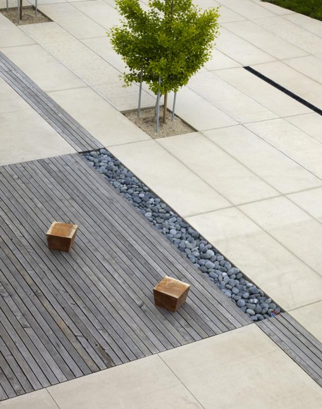 Landschafts- und Gartengestaltung beispiel moderne linien kies graue dielen bodenplatten