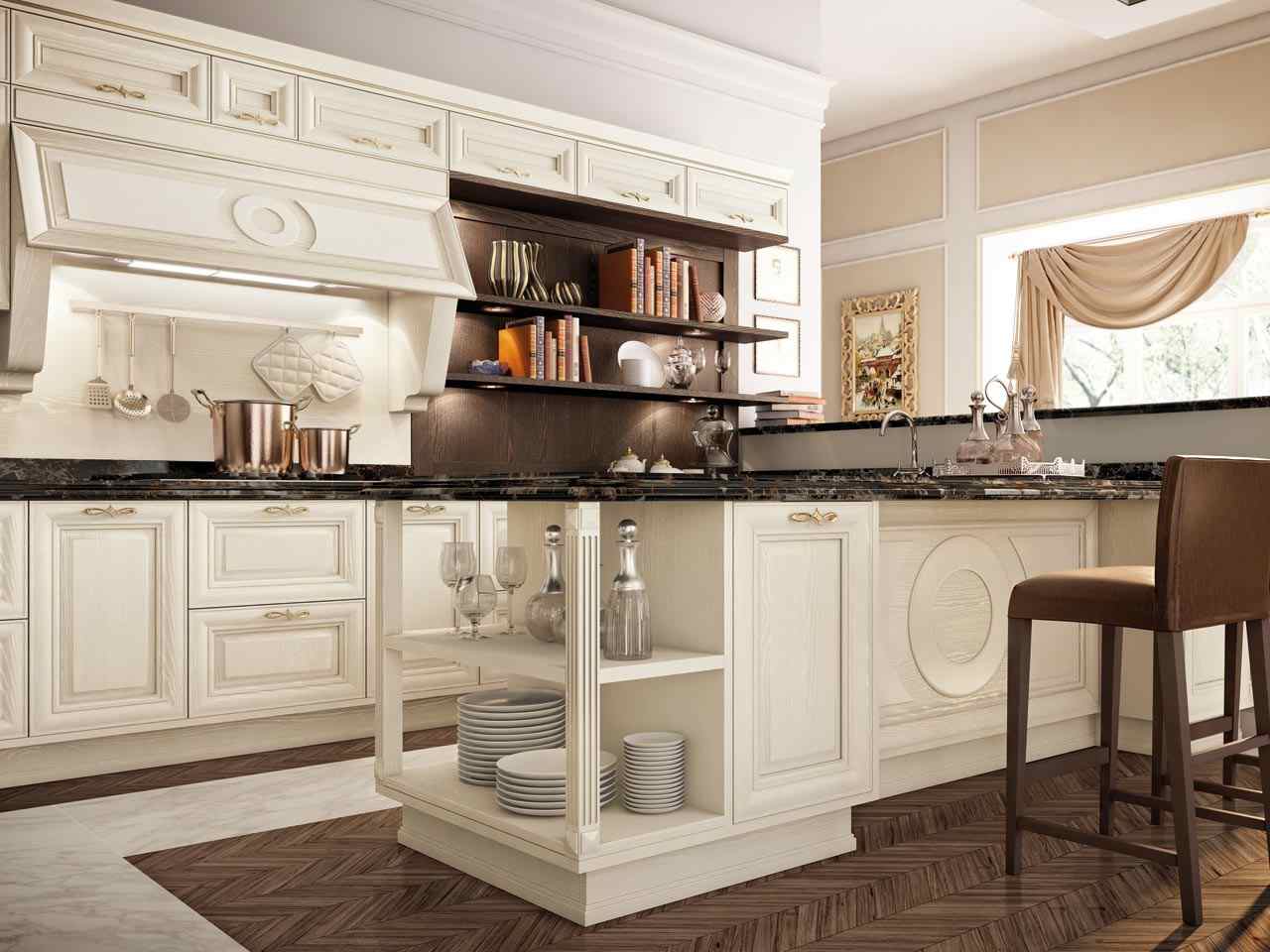 luxus küche-mit kochinsel-Wand regalsystem hochwertig massiv-holz parkett-marmor