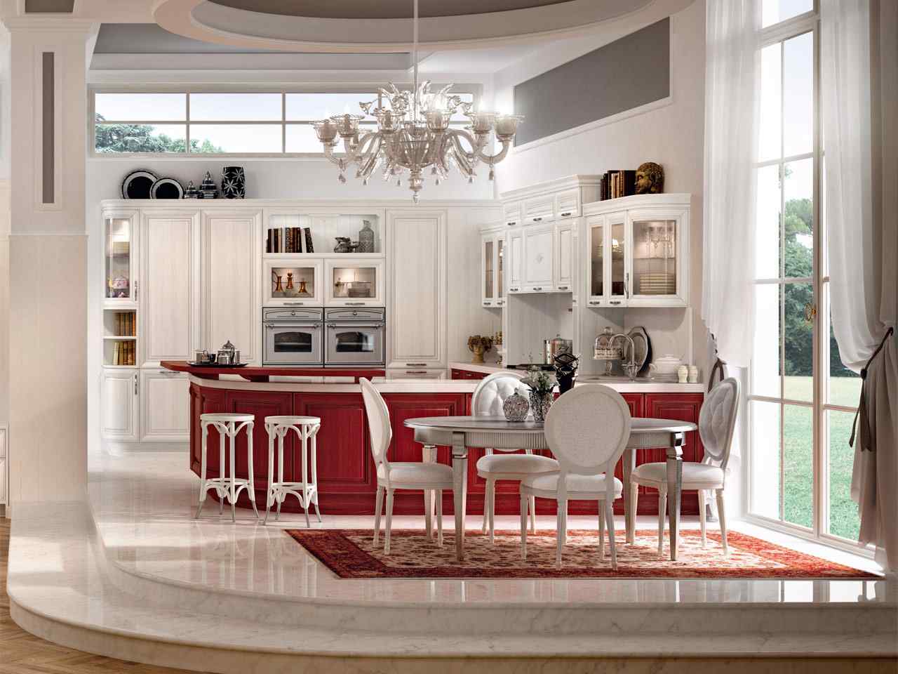 luxus küche-rot weiß-Marmorboden luxus Hochglanz-Oberflächengestaltung