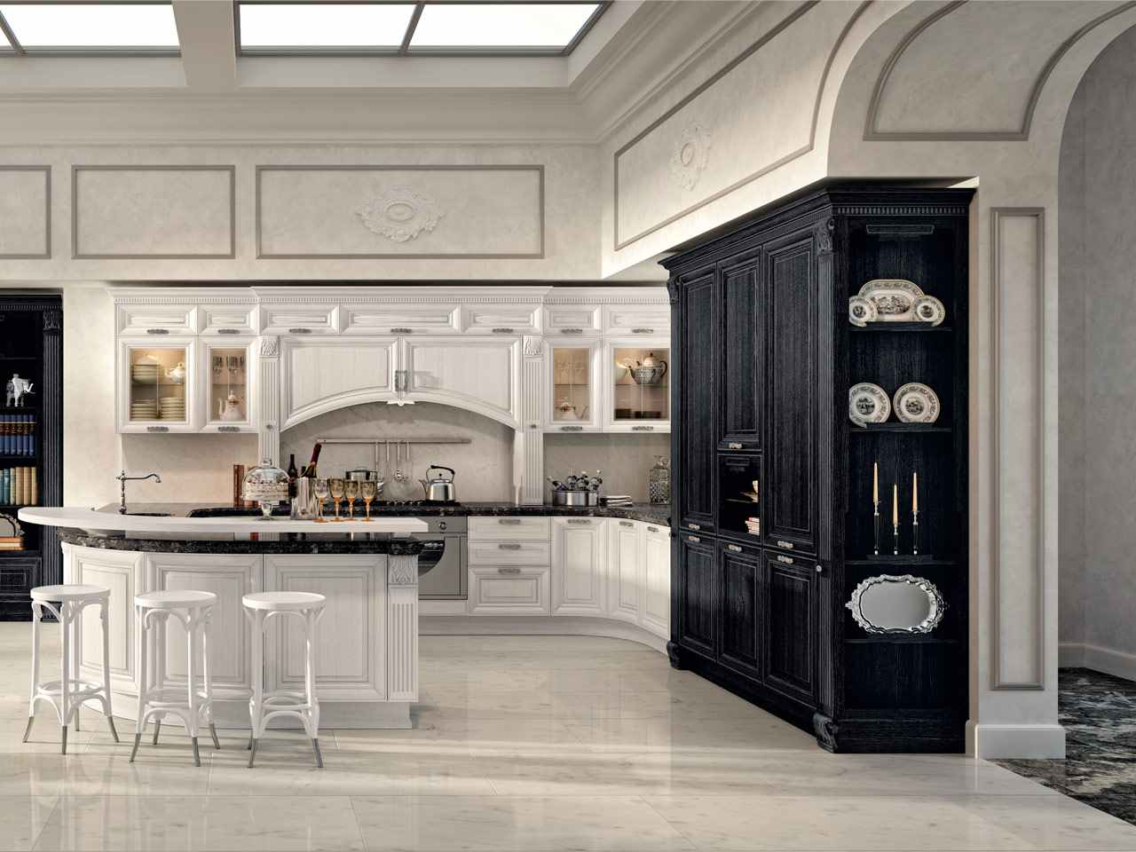 luxus-wohnung einrichtung-farbschema schwarz-weiß küche-bartheke marmor-platten