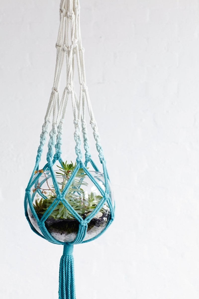 makramee-blumenampel ombre idee blau weiss terrarium sukkulenten