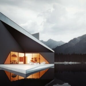 moderne Fassade Glas Schiebetüren Pultdach Gebirge umgeben Wohnzimmer