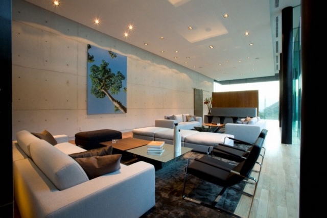 modernes wohnzimmer bilder betonplatten wand-raue optik holzkaffeetische