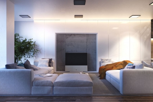 moderne wohnung wohnzimmer graue polstermöbel tv sichtbeton rückwand