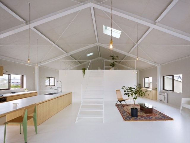 modernes haus japan offenem grundriss weiß boden küche wohnbereich