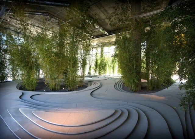 Landschafts- und Gartengestaltung modern bambuspflanzen wellenform bodenplatten stufen