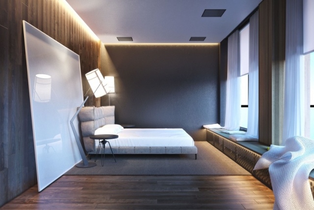 modernes schlafzimmer abgehängte decke led leuchten dielenboden