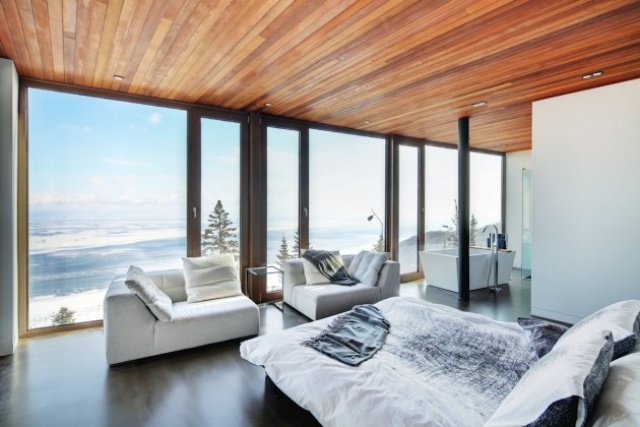 modernes schlafzimmer holz deckengestaltung einbauleuchten panoramafenster