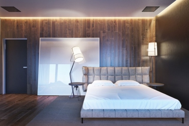 modernes schlafzimmer design holz wand boden led beleuchtung decke