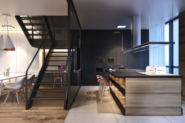 offene wohnküche holz beton boden schwarze metall treppe