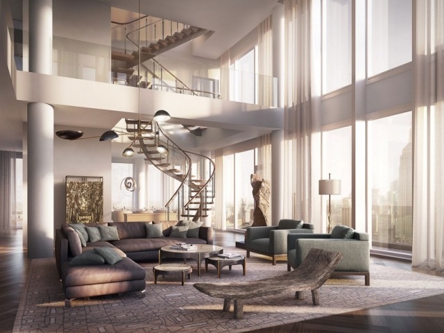 spektakuläre penthouse wohnung-sitzbereich rustikal liegestuhl spindeltreppe glasgeländer