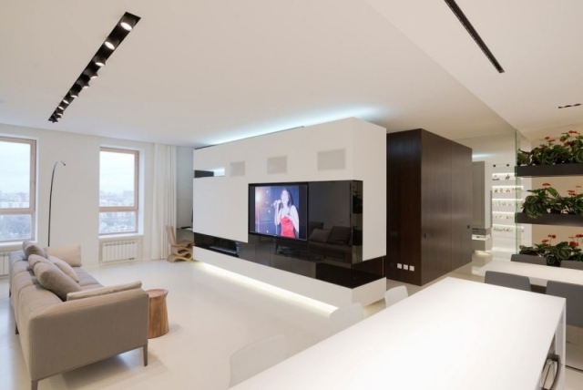 puristisches wohnzimmer-raumtrennelement integrierte bodenbeleuchtung deckenbeleuchtung