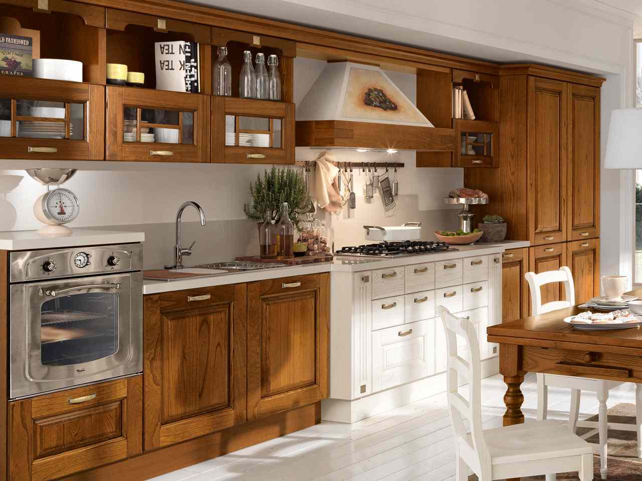 retro design küchenmöbel-holz edelstahl-ofen eingebaut-kochbereich 