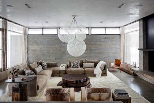 Wohnzimmer betonwand Beistelltisch Couchtische Massivholz elegante-lampen