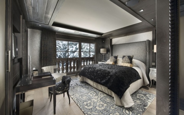 schlafzimmer chalet gestaltung luxus grau schwarz holz verkleidung
