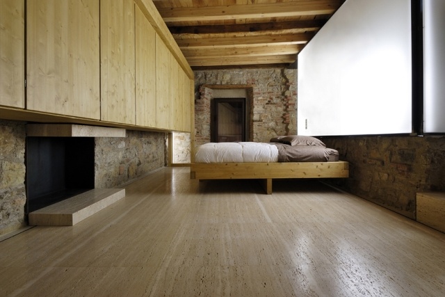 schlafzimmer rustikaler echtholzboden stein wand verkleidung kaminofen