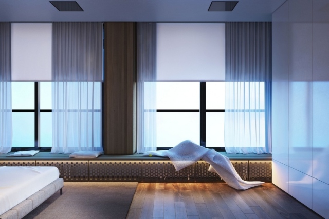 schlafzimmer design sitzbank fenster dielenboden led lichteffekte