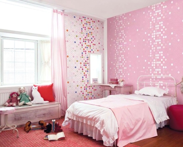 rosa Kinderzimmer Tapeten Muster retro Stil Bett
