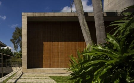 the p house-flachdachhaus aus beton-gedreht baukörper palmengarten