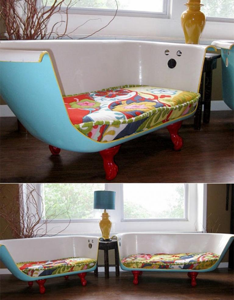 upcycling ideen badewanne halbieren sofa sitzpolster wohnzimmer moebel