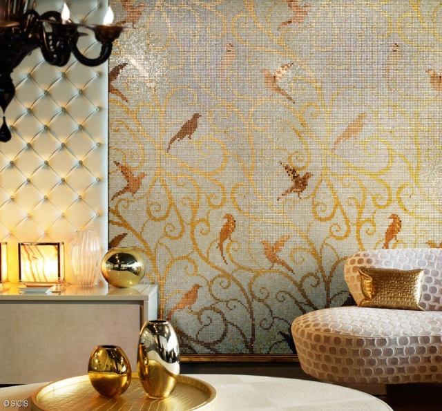 wandgestaltung mosaik gold vogelmuster sicis luxus