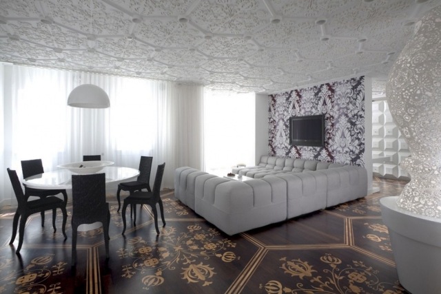 raumideen wohnzimmer-luxus einrichtung-esstisch schwarz-filigrane verzierungen decke und wand