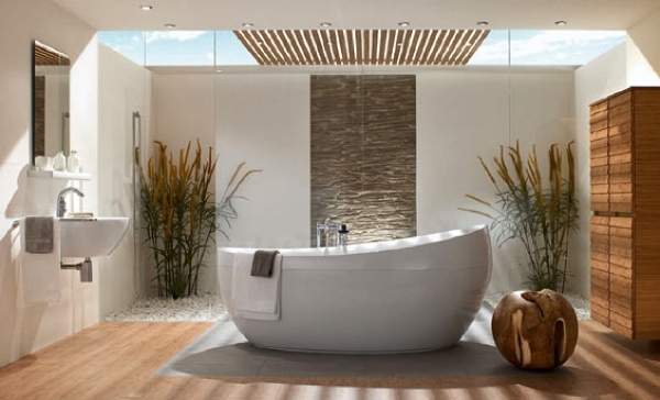 zimmerpflanzen badezimmer exotische atmosphäre-designer-badewanne