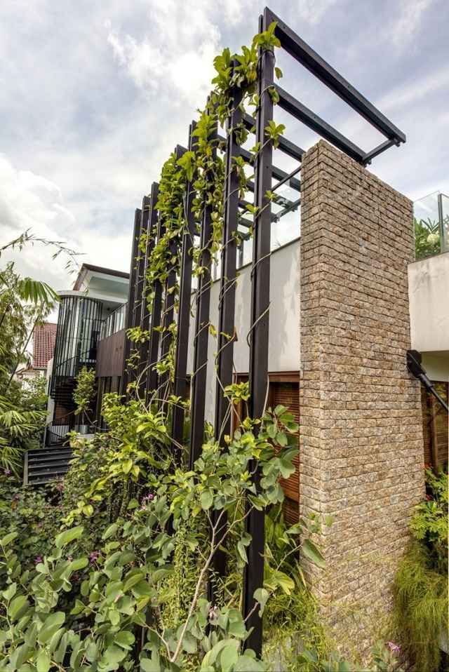 Architektonische Highlights Vorhof Eingang Kletterpflanzen-Ranghilfe Mauerwerk-Metall-Pfosten