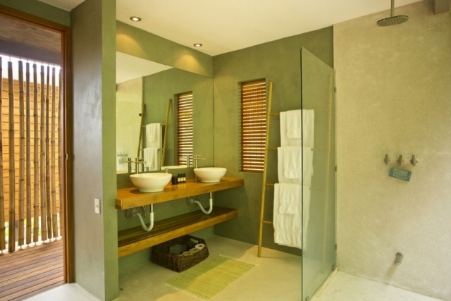 Badezimmer wände streichen olivengrün-wasch tisch holz-bambus sichtschutz
