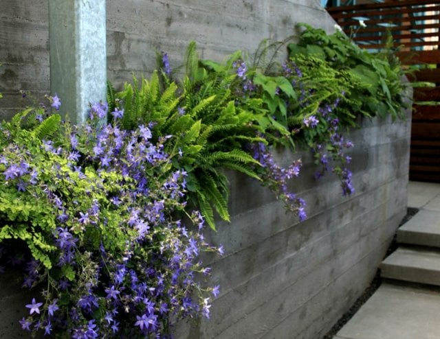 Beton Stützmauer Blumen Treppe versteckt Garten Hanglage Gestaltungsideen Beispiele