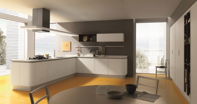 Designküche weiß matte schrankfronten griffelos-gelb boden farbe