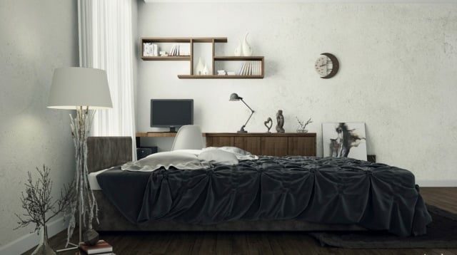 Schlafzimmer schwarze Decke dunkle Farbe vom Holzgestell