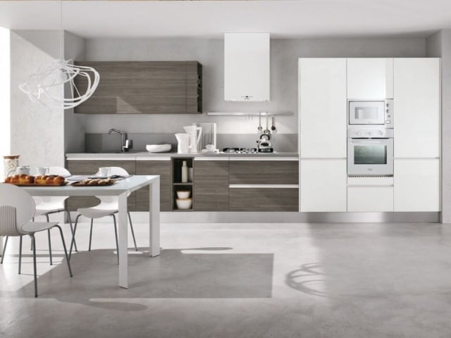 Küche mit essbereich weiß tisch Design Holz-Schrankfronten Kühlschrank eingebaut