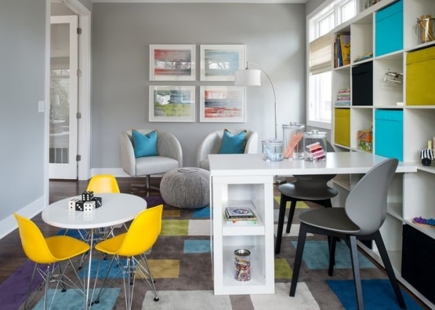 Farbgestaltung-Kombinationen-Home-Office-Regale-Schranktüren-farbenfroh