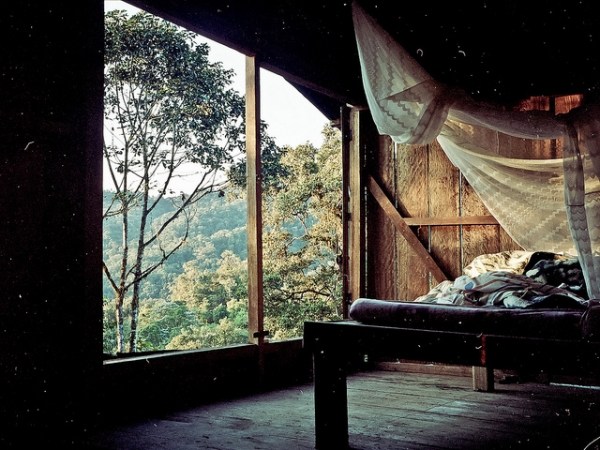 Schlafzimmer mit raumhohen Glasfenstern Holz Wand Verkleidung
